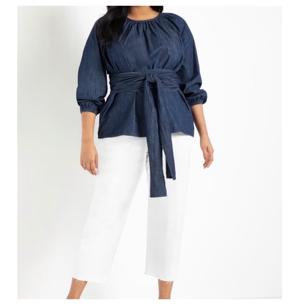 Eloquii Womens Size 16 Dramatic Peplum Denim Wrap Tie Waist Tunic Blouse - Picture 4 of 15
